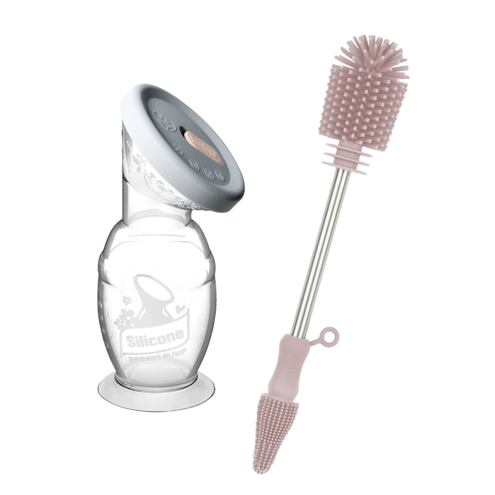 Silicone Breast Pump 150ml with Silicone Cap & Double-Ended Silicone Bottle Brush - Blush