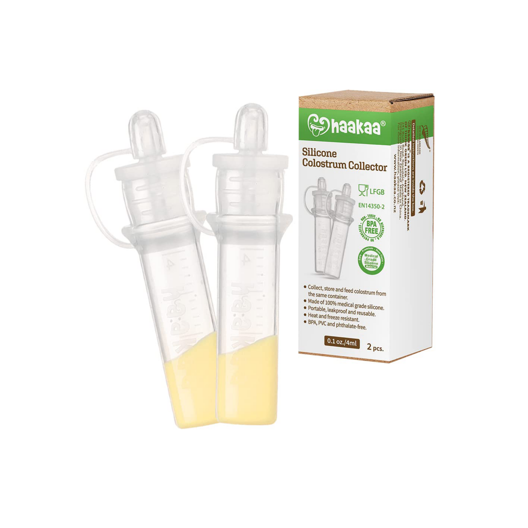 haakaa Silicone Colostrum Collector Set Ready-to-Use Silicone Colostrum  Collector Reusable to Collect, Feed & Store, with 2 Clear Storage Cases & 2